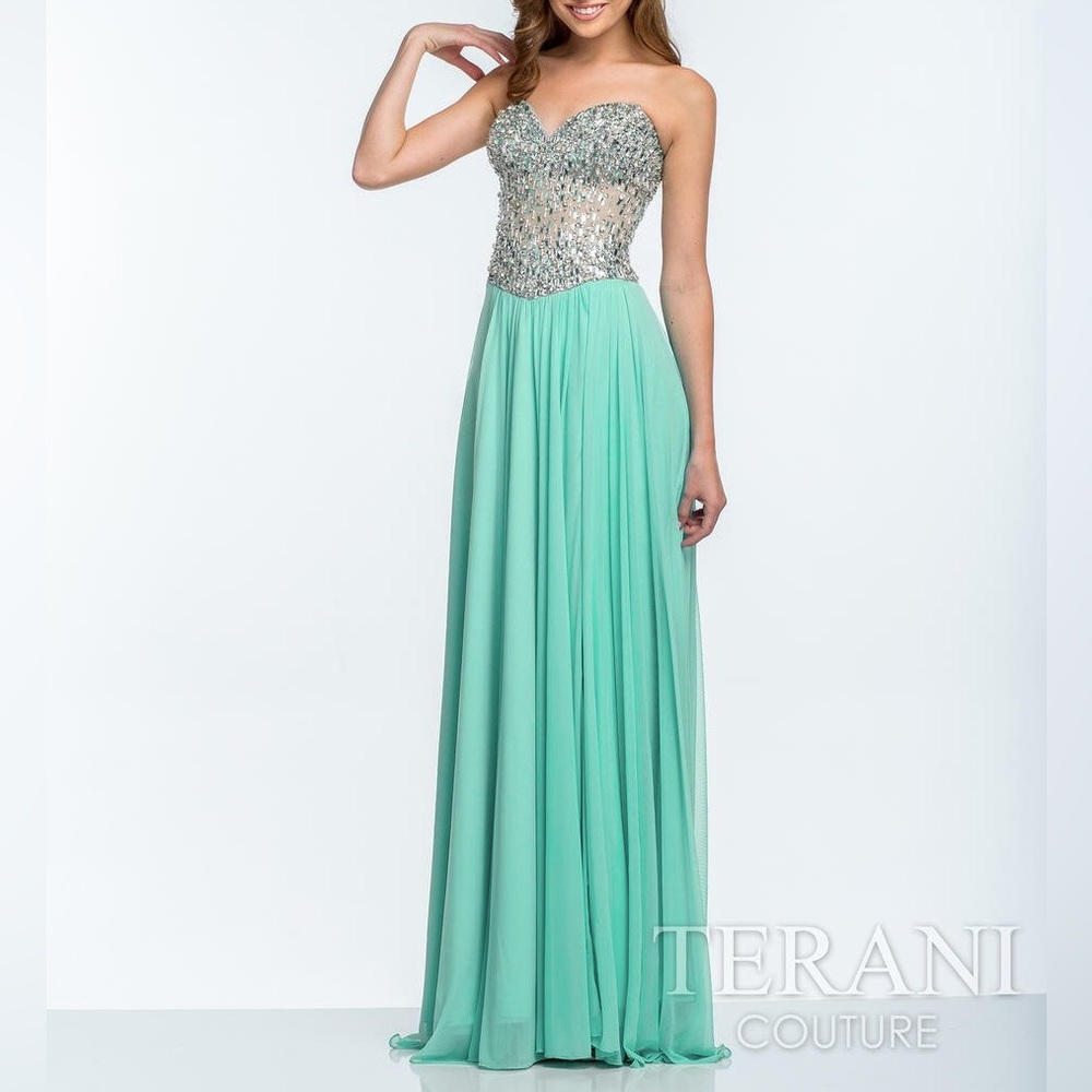 Terani Couture mint nude crystal dress high slit chiffon corset strapless sequin